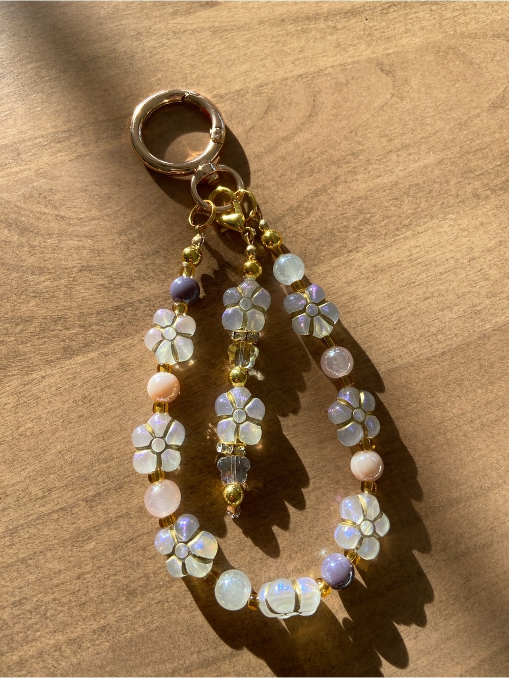 Gold Floral Bead Keychain Wristlet - Pink & Purple